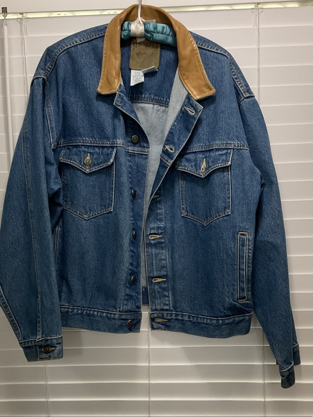 Schaefer Outfitters Denim Bomber Jacket with Tan Leather Collar
